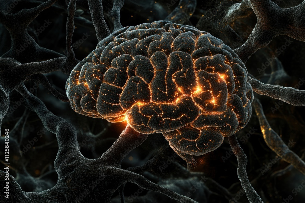 Poster A luminous human brain design formed by intricate neural networks and synapses showcases its complexity, with space for text. Generative AI