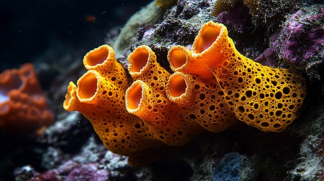 Vibrant orange sea squirts clustered on a dark reef.
