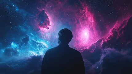 Abstract space sci-fi background featuring a futuristic spaceship navigating through a vibrant cosmos with nebulae and stars in the distance.