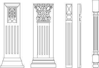 Vector sketch illustration silhouette design image of column with ornaments carved old classic vintage ethnic traditional europe