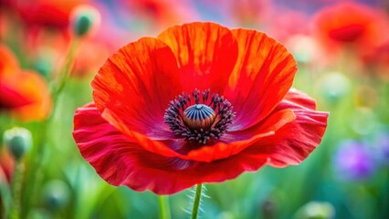 Fototapeta premium Vibrant poppy red flower in full bloom, poppy, red, flower, vibrant, bloom, nature, plant, garden, blossom, petal, close-up