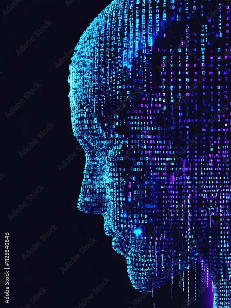 Poster a glowing digital brain design displays intricate blue and purple grids and binary code, ideal for t