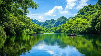 A panoramic view of Ninh Binh karst mountains surrounded by verdant countryside, with boats slowly paddling through calm rivers and lush vegetation