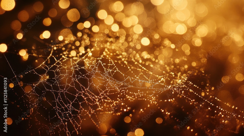 Poster close-up of a shimmering spiderweb with dew drops creating a magical atmosphere of light and color i