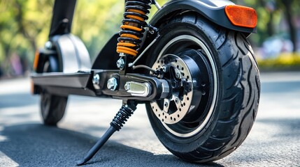 Naklejka premium Close-Up View of an Electric Scooter Wheel with Spring Suspension and Street Surface in a Sunny Urban Environment