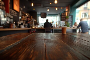Empty rustic wooden table in a coffee shop with blurred background of people and counter.