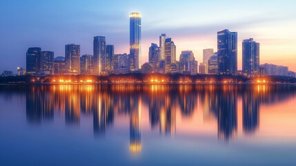 Serene City Skyline at Dawn Reflecting in Tranquil Waters