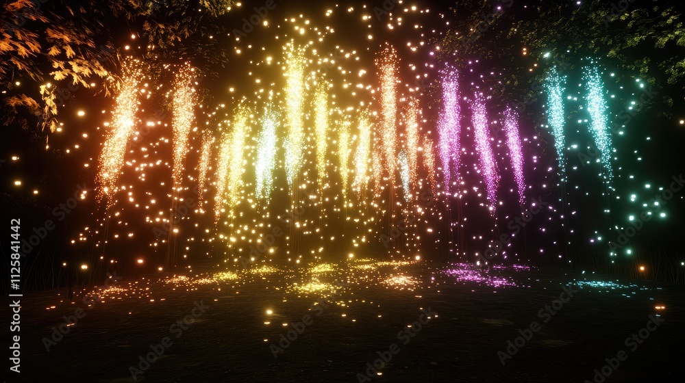 Poster colorful sparkling light display in a dark forest setting with a magical atmosphere and fantasy elem