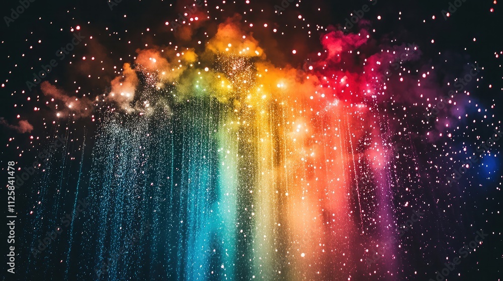 Poster vibrant rainbow waterfall with sparkling particles against a dark background, creating a dreamy and 