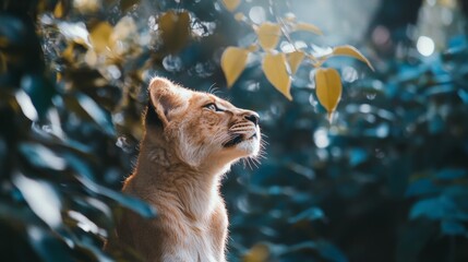 White lion sitting in the forest.  A majestic wild animal portrait