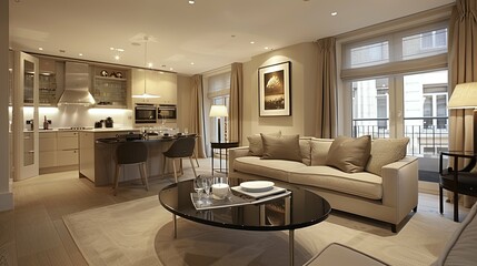 Modern open-plan living room and kitchen with neutral tones and city views.