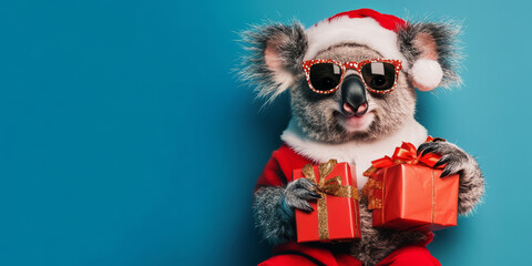 happy koala wearing sunglasses and a Santa Claus outfit, holding presents, against a blue background