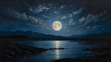 A stunning impressionist painting capturing a full moon glowing against a dark, starry night sky. The lunar surface is meticulously rendered 