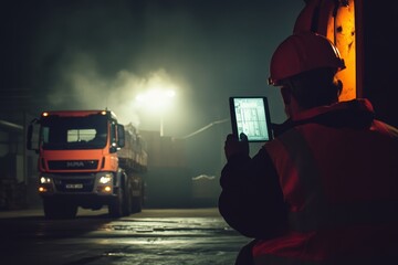 Worker in Safety Gear Using Tablet in Warehousing Environment While Heavy Truck Operates in Background with Dim Lighting and Smoke in Industrial Setting