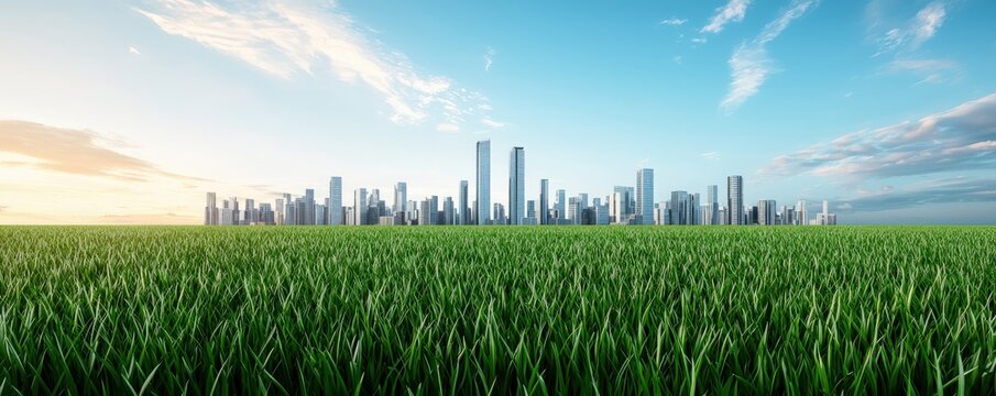impact result environmental concept. Vibrant grassland with a modern city skyline in the background.