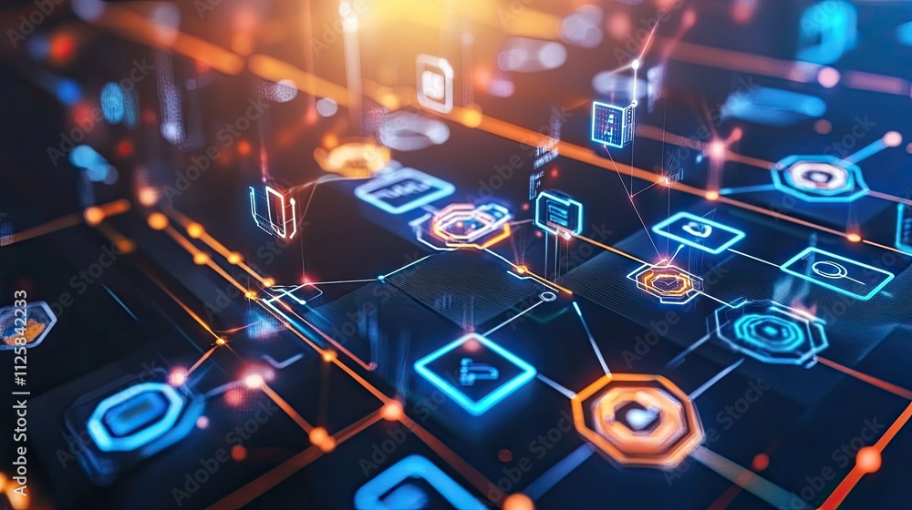 Poster digital transformation abstract featuring a fusion of corporate icons, glowing network connections, 