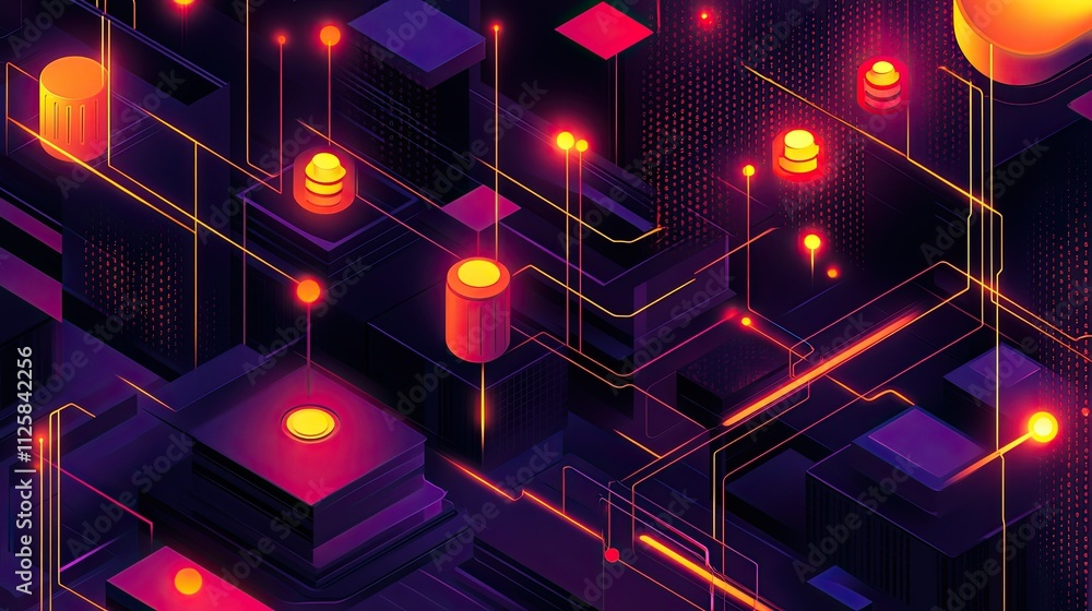Poster digital transformation abstract featuring a fusion of corporate icons, glowing network connections, 