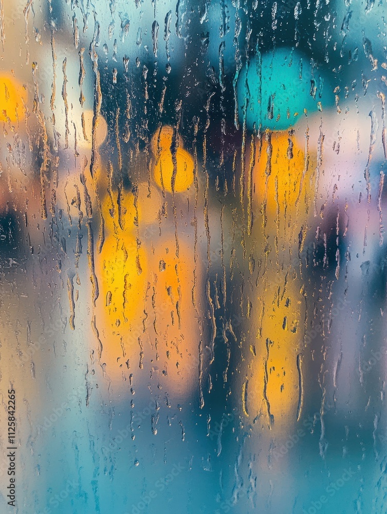 Aufkleber Raindrops decorate a window while capturing a hazy view of an empty street illuminated by soft lights during a rainy day. Generative AI