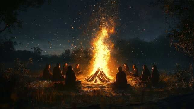 Night campfire with people sitting around. (1)