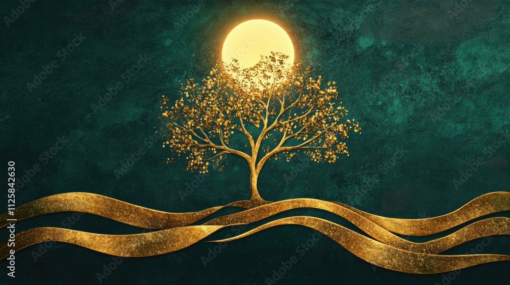 Poster elegant golden tree design with flowing wavy patterns on a deep green backdrop, framed with subtle g