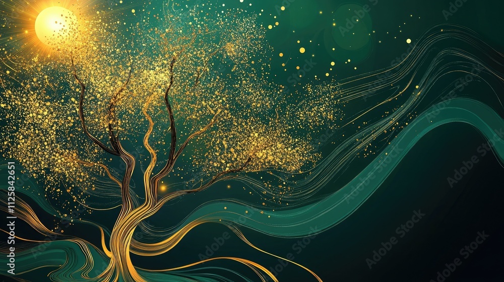 Poster elegant golden tree design with flowing wavy patterns on a deep green backdrop, framed with subtle g