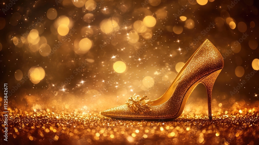 Poster elegant golden high heel shoe on glittering background with sparkling bokeh effect, perfect for fash