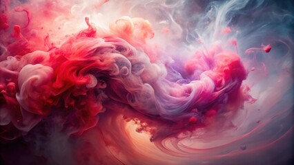Obraz premium Swirling mist cloud with red and pink dye water creating a cosmic square against a light abstract background, mist cloud, dye water
