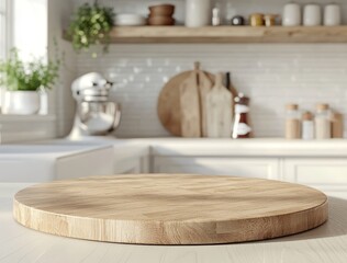 Round wooden cutting board on kitchen counter, blurred background.