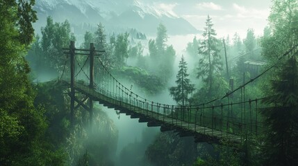 Fototapeta premium A scenic view of a wooden suspension bridge amidst a verdant, mist-filled forest, creating a sense of wonder and adventure in the heart of nature