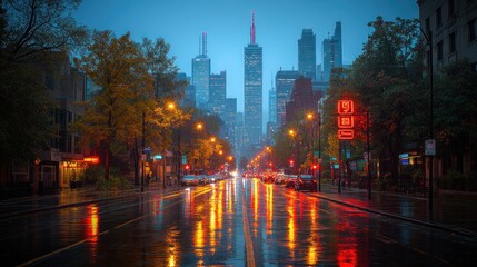 City street at night, rain reflecting lights.