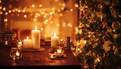 Árbol de Navidad junto a una mesa con velas y adornos