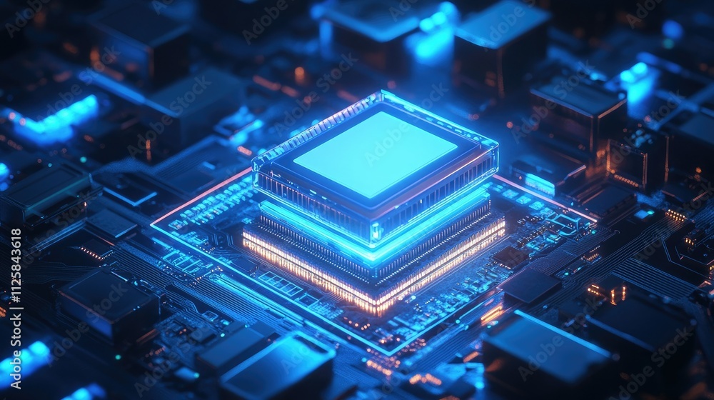Poster futuristic 3d robot chatbot interacting with a high-tech microchip, illuminated by blue and white li