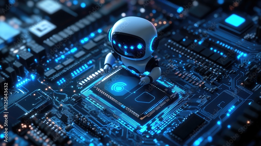 Poster futuristic 3d robot chatbot interacting with a high-tech microchip, illuminated by blue and white li