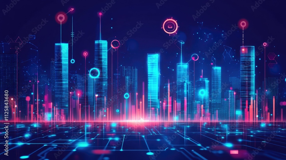 Poster futuristic business process transformation concept with abstract glowing circuits, corporate skyscra