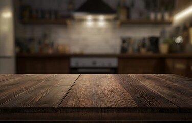 Dark wooden table in front of blurred kitchen background.