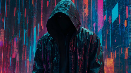 A mysterious figure, cloaked in a hooded jacket, standing against a vibrant digital backdrop. The figure's face is obscured by the hood, and they appear to be walking forward. 