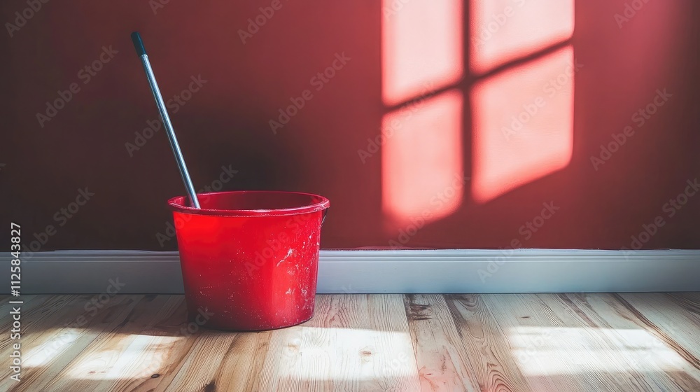 Poster red cleaning bucket with mop in room with wooden floor and natural light shining through window and 
