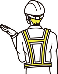 土木や建築関連の仕事をする反射ベストを着た男性が誘導している後ろ姿の上半身のイラスト素材