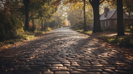 Naklejka premium Serene Autumn Pathway in a Quiet Neighborhood