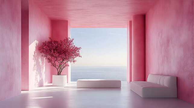 interior, room, sofa, home, furniture, couch 
un soggiorno modernissimo e minimalista concarta da parati sui muri raffigurante dei pellicani rosa in piedi sull'acqua stilizzati a tutta parete e al ce

