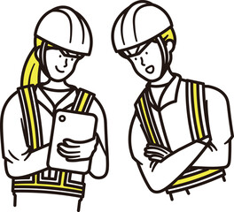 建築関連の仕事をする反射ベストを着た女性と男性がタブレットで打ち合わせをしているイラスト素材
