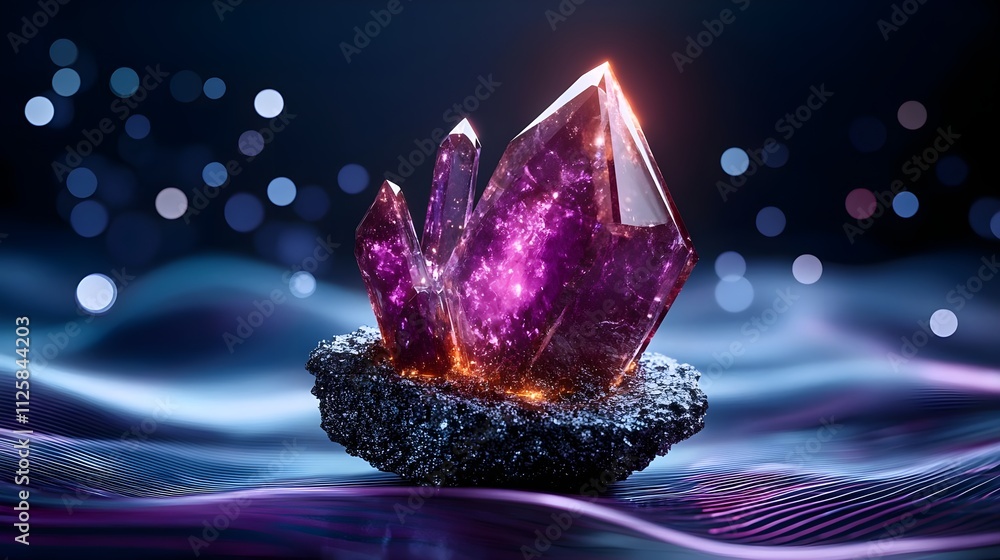 Poster beautiful amethyst crystal cluster on black stone base with sparkling background and colorful waves 