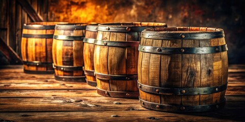 Close-up of aged wooden barrels, textured surface, ample copy space.