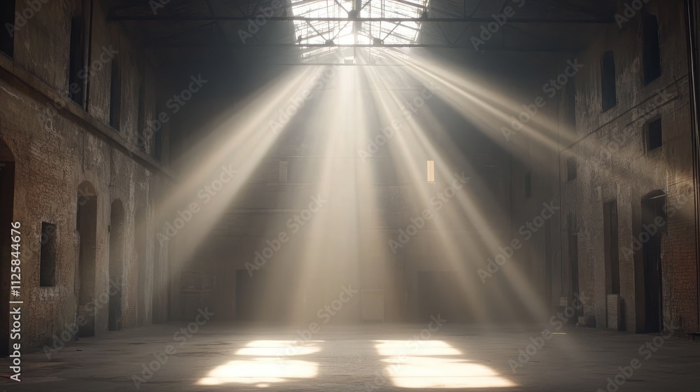 Aufkleber sunlight streaming through an abandoned warehouse with dust particles highlighted in the air, creati