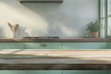 Empty wooden table in sunlit kitchen. (1)