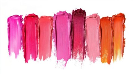 Fototapeta premium Explore vibrant lipstick swatches: shades of pink, red, and orange create a colorful palette.