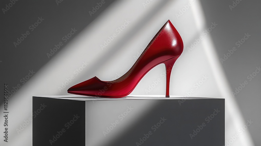 Poster elegant red high heel shoe on display with soft lighting and geometric background showcasing fashion