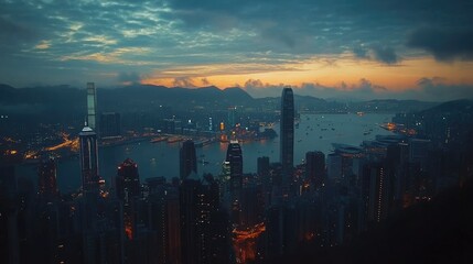 Fototapeta premium A stunning twilight view of Hong Kong from The Peak, with city lights sparkling against the deepening sky.