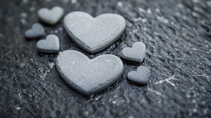Obraz premium Collection of Black Stone Hearts on Dark Surface, Symbolizing Love and Affection, Ideal for Romantic Themes and Artistic Backgrounds