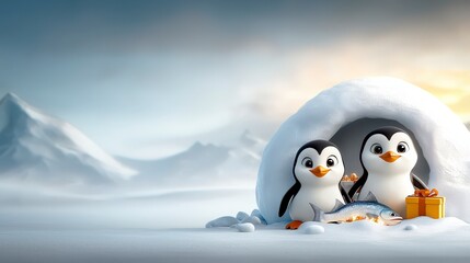 Fototapeta premium A 2D cartoon of a penguin family celebrating Christmas with presents and a fish feast under a decorated igloo.Ultra-Realistic, Photo Realistic, highly detailed, 